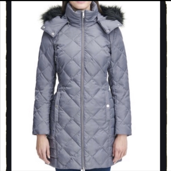 Kenneth Cole Reaction Womens Removable Hooded Faux-Fur Down Quilted Coat - Picture 2 of 8